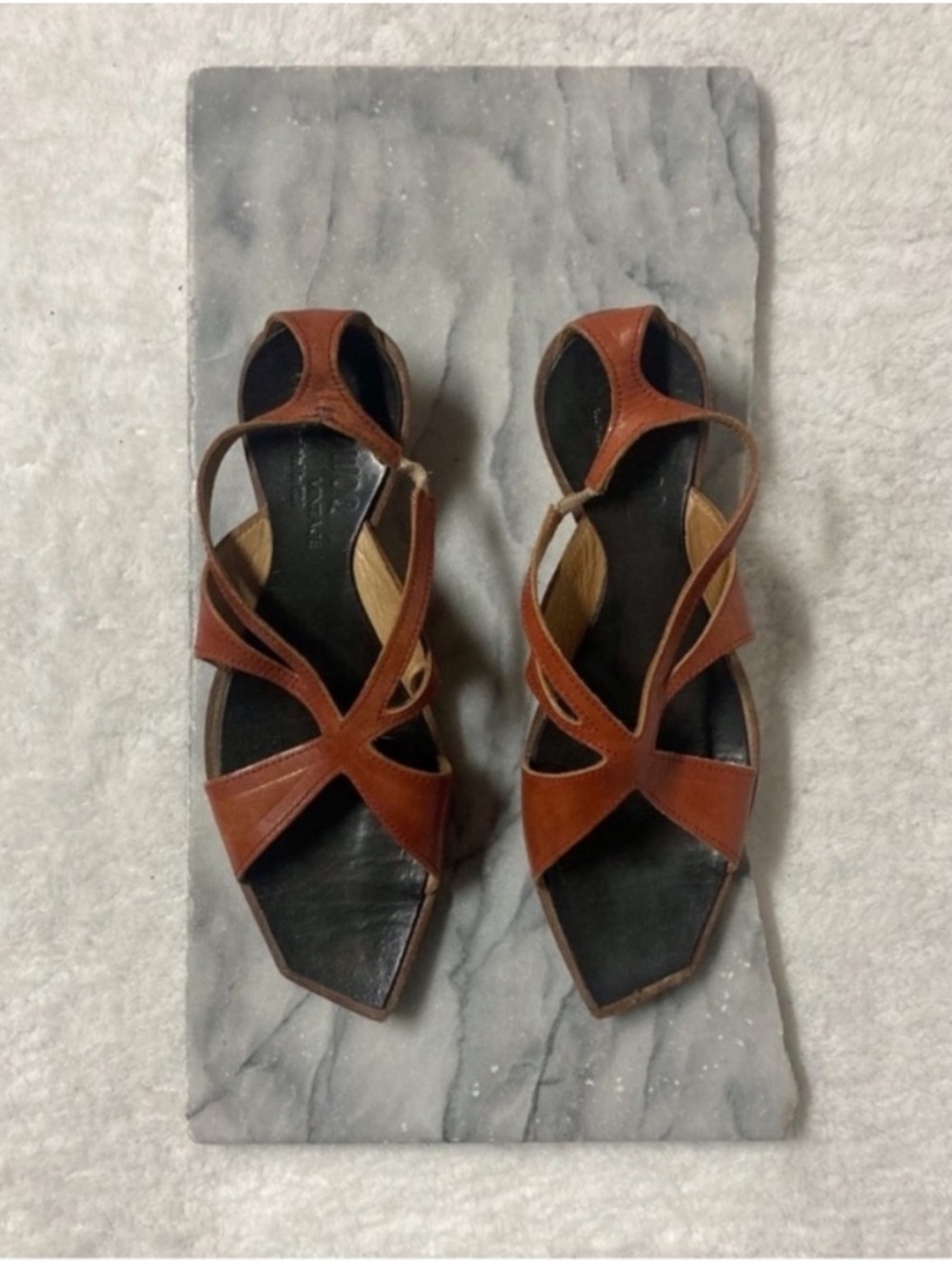 Cydwoq Sandals Side 6 Low Heel Architectural Burnt Orange Leather Boho